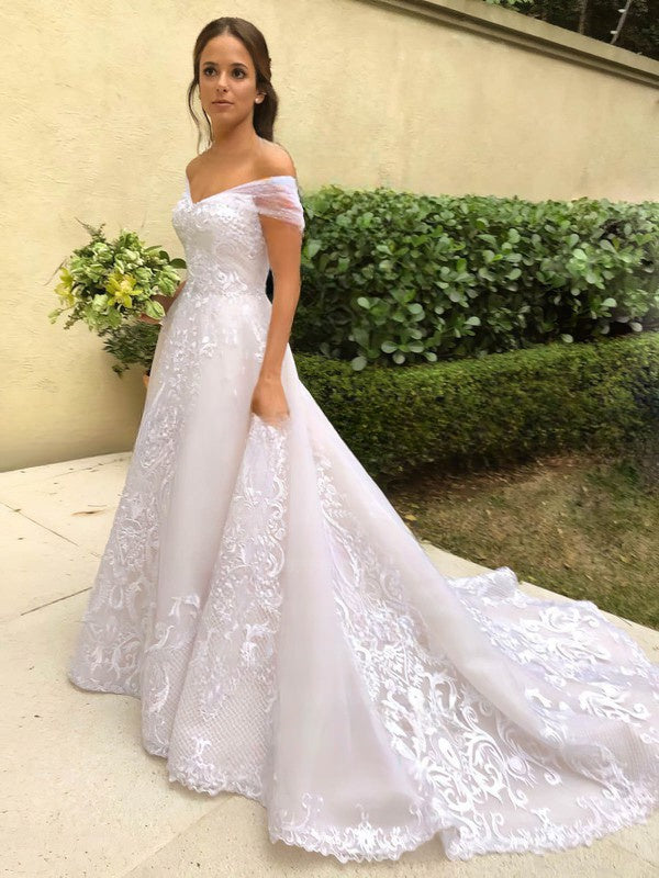 Beaded Court Train Ball Gown Wedding Dress with Off-the-Shoulder Tulle