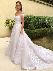 Beaded Court Train Ball Gown Wedding Dress with Off-the-Shoulder Tulle