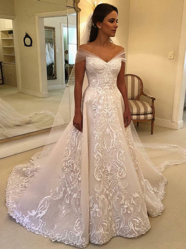 Beaded Court Train Ball Gown Wedding Dress with Off-the-Shoulder Tulle