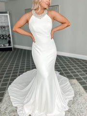 Beaded Halter Stretch Crepe Trumpet/Mermaid Court Train Wedding Dress