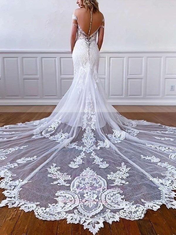 Beaded Off-the-shoulder Trumpet/Mermaid Tulle Wedding Dress with Court Train