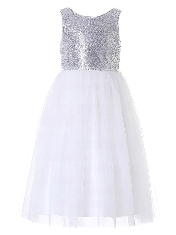 Beautiful A-line Scoop Neck Tulle Sequined Floor-length Bow Flower Girl Dresses at Discounted Prices