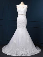 Beautiful Trumpet/Mermaid Illusion Tulle Sweep Train Wedding Dress With Beading