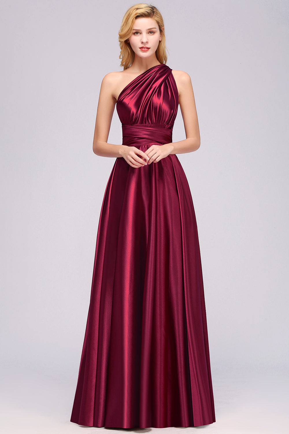 Chic Burgundy Satin Long Bridesmaid Dresses With One Shoulder-Babyonlines