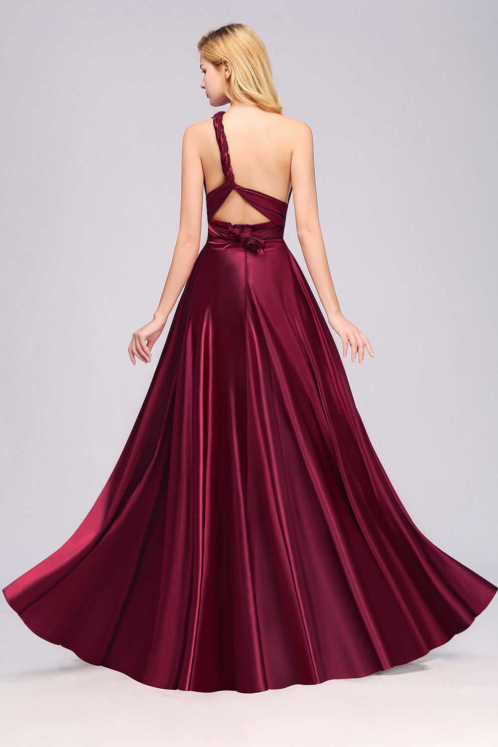 Chic Burgundy Satin Long Bridesmaid Dresses With One Shoulder-Babyonlines