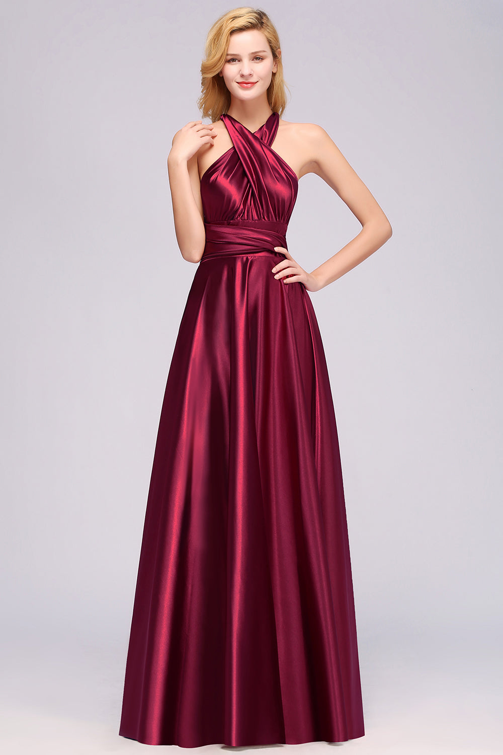 Chic Burgundy Satin Long Bridesmaid Dresses With One Shoulder-Babyonlines