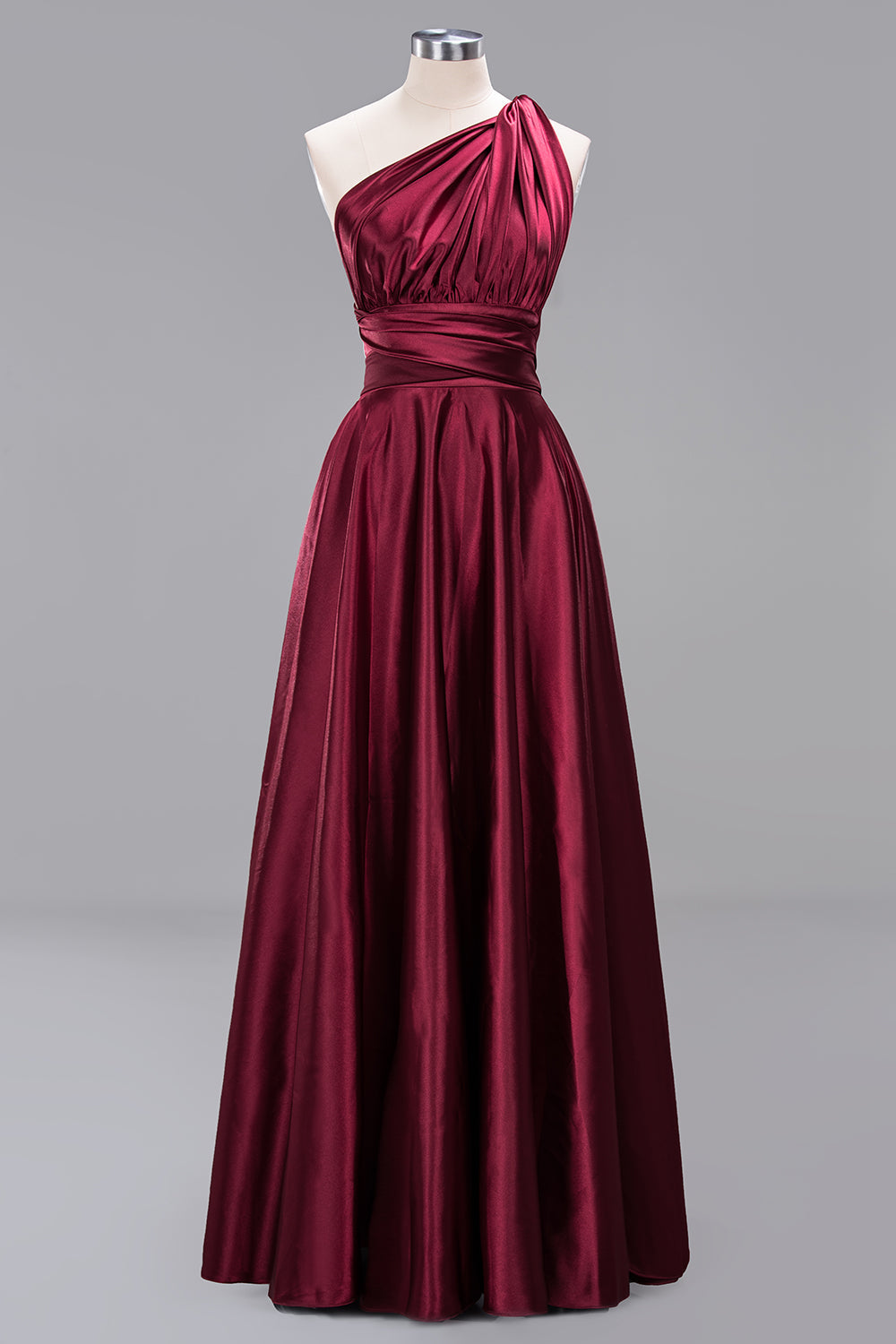 Chic Burgundy Satin Long Bridesmaid Dresses With One Shoulder-Babyonlines