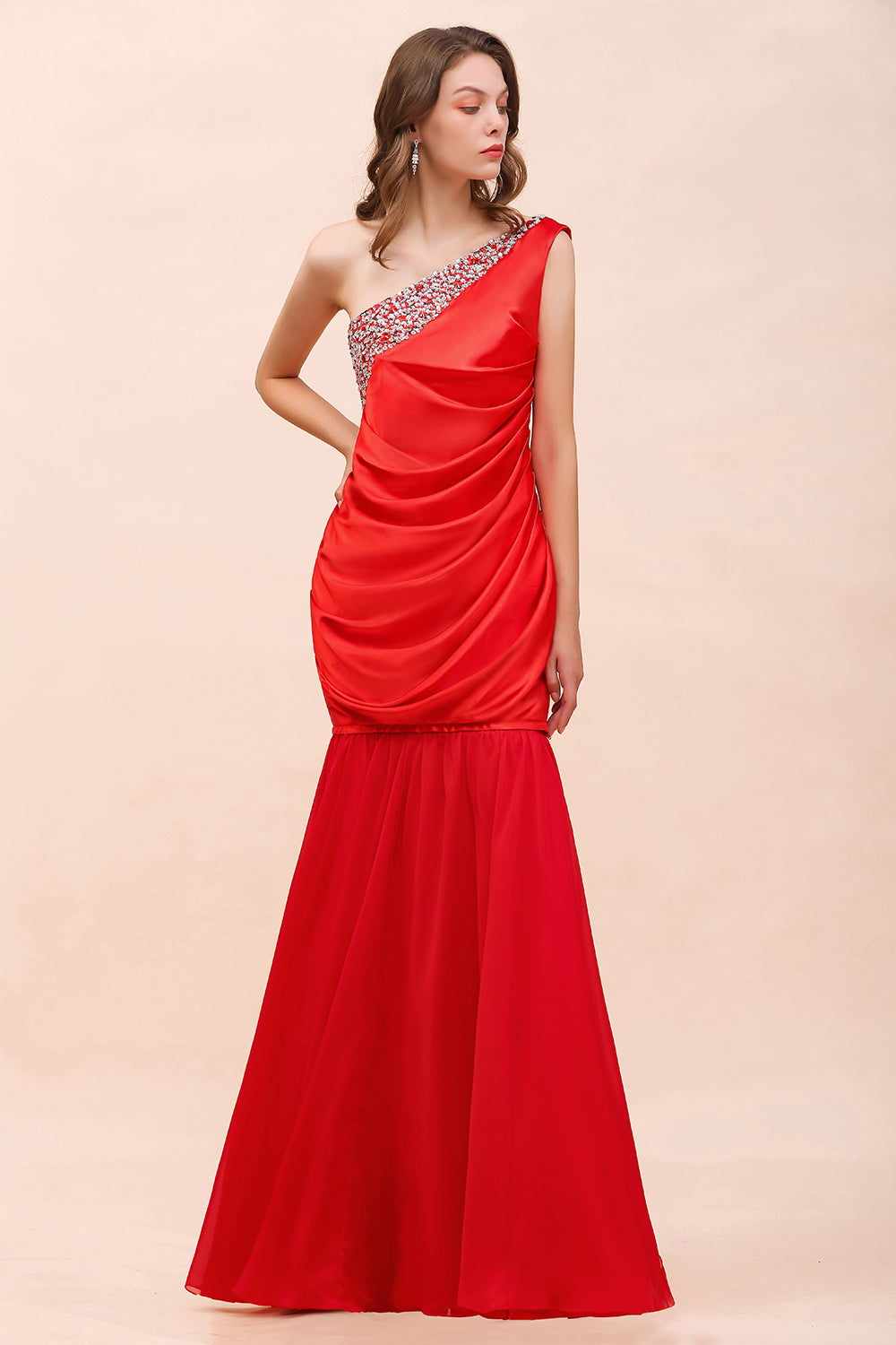 Chic One Shoulder Beading Ruffle Red Bridesmaid Dress with Detachable Skirt-Babyonlines