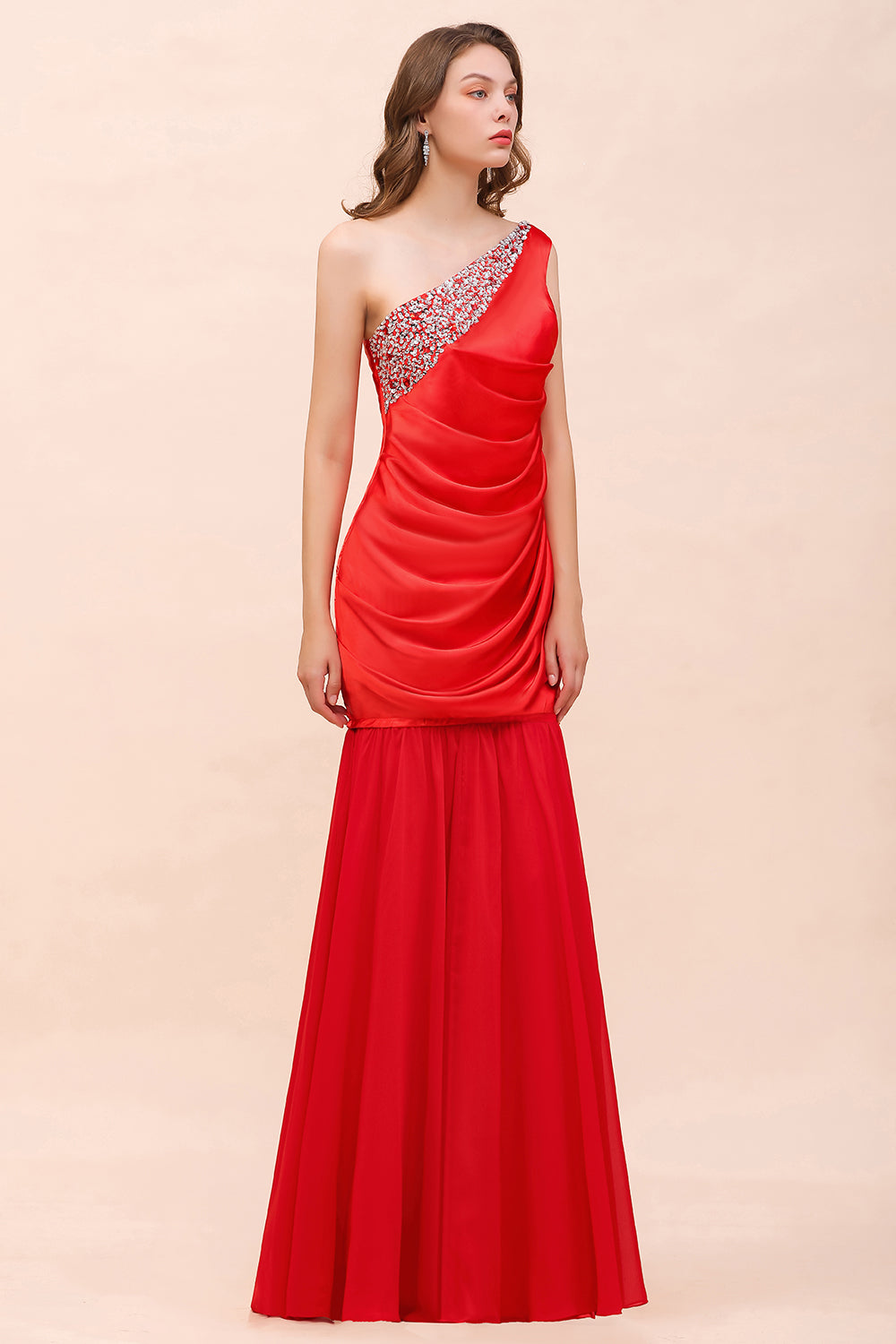 Chic One Shoulder Beading Ruffle Red Bridesmaid Dress with Detachable Skirt-Babyonlines