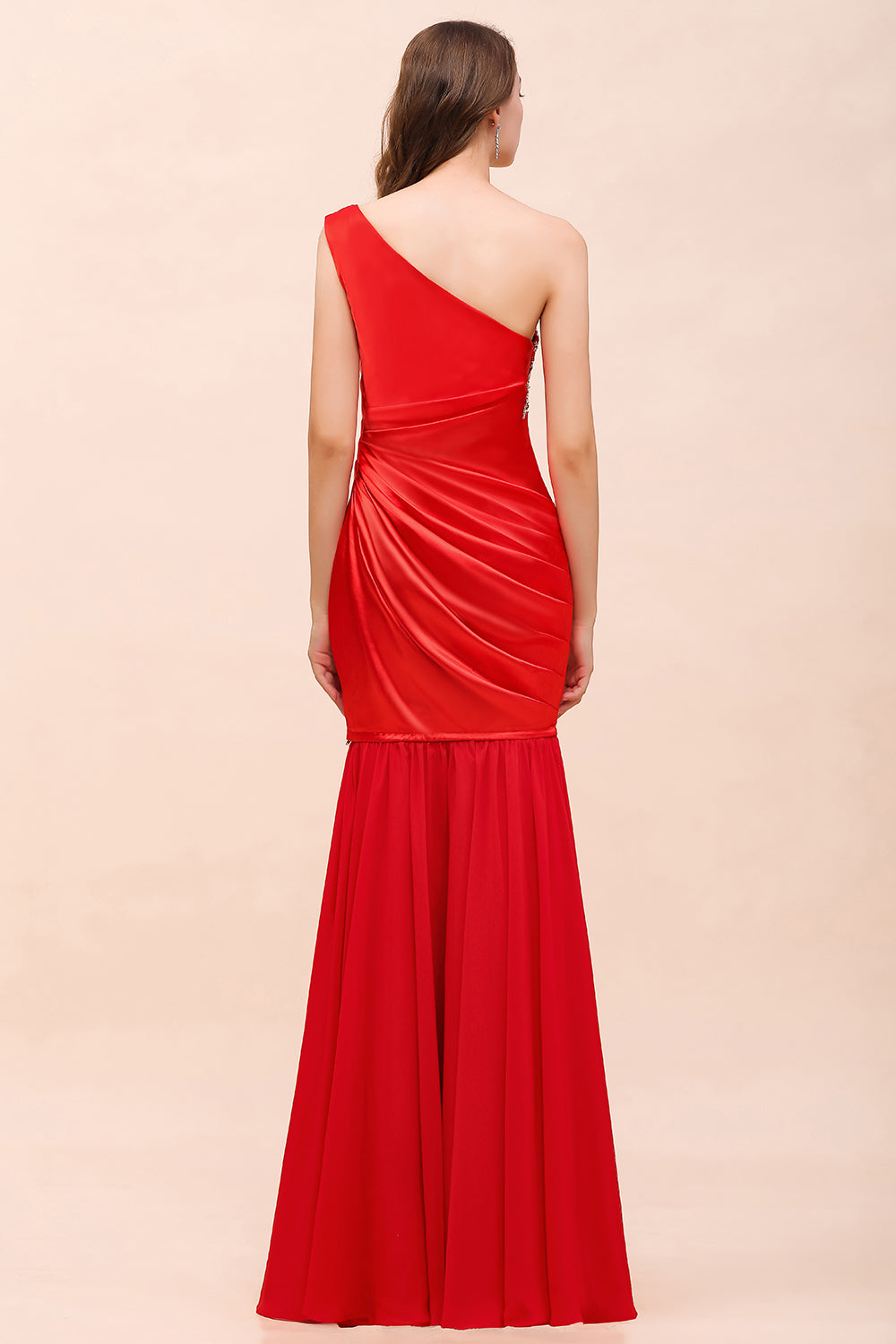 Chic One Shoulder Beading Ruffle Red Bridesmaid Dress with Detachable Skirt-Babyonlines