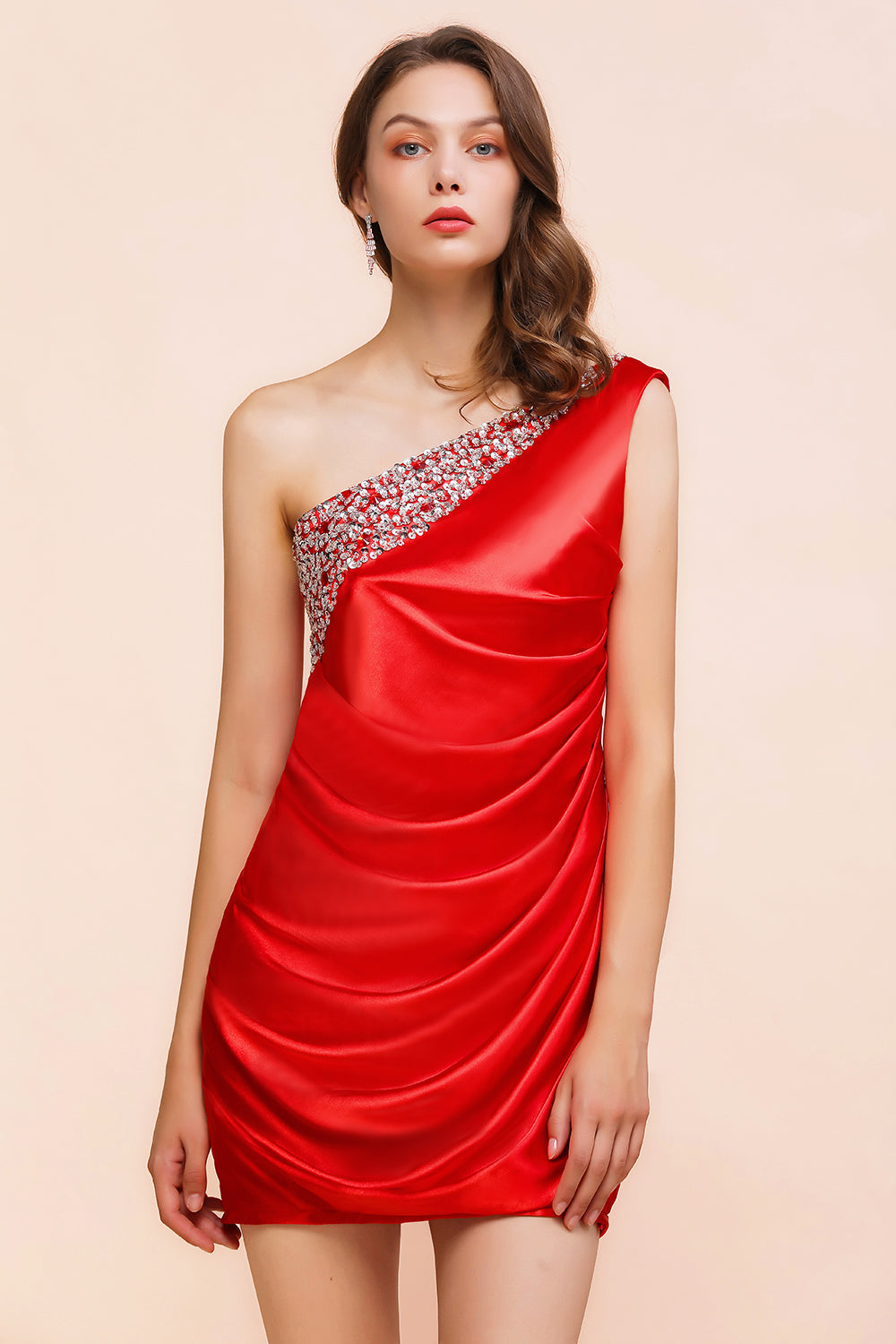 Chic One Shoulder Beading Ruffle Red Bridesmaid Dress with Detachable Skirt-Babyonlines