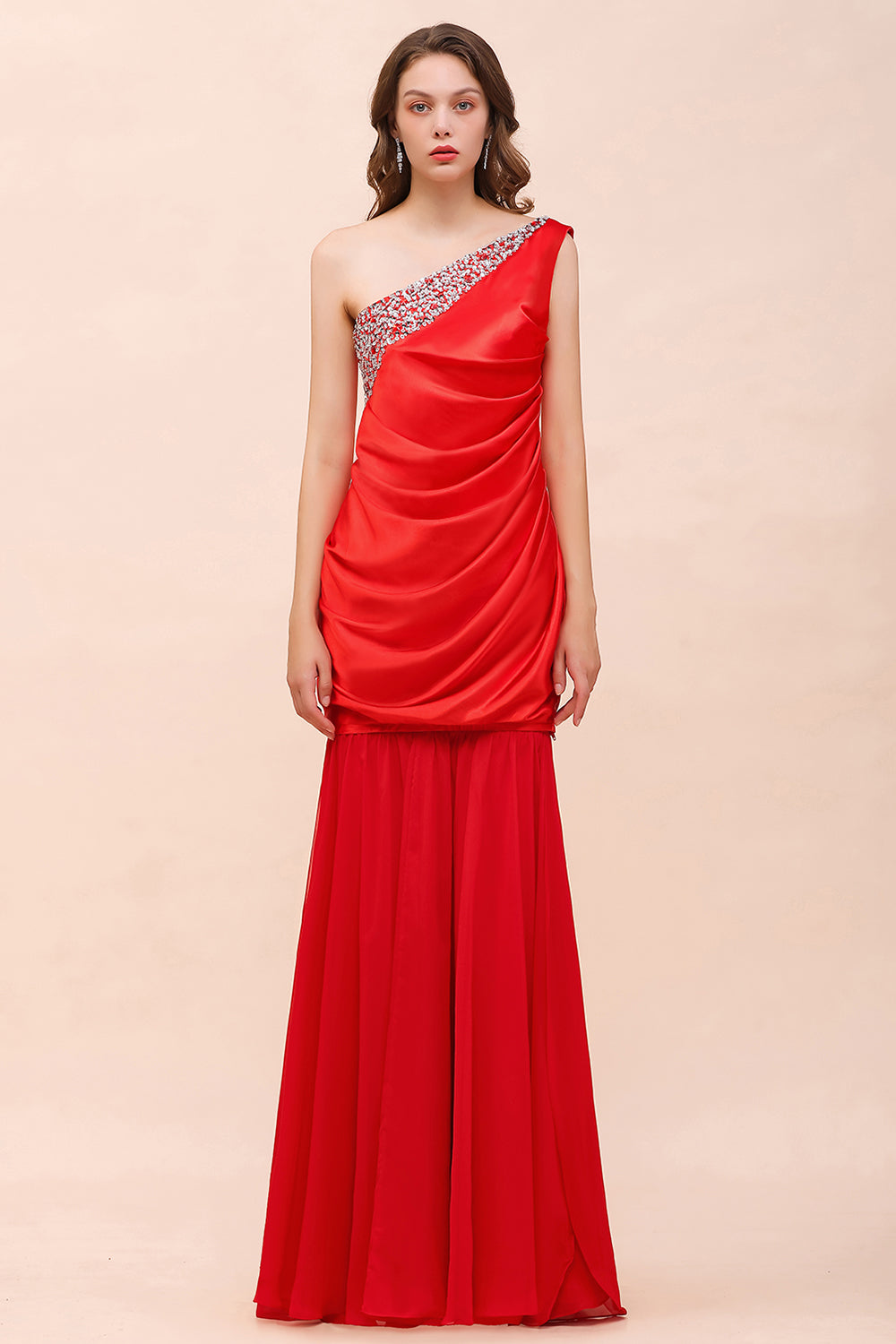 Chic One Shoulder Beading Ruffle Red Bridesmaid Dress with Detachable Skirt-Babyonlines