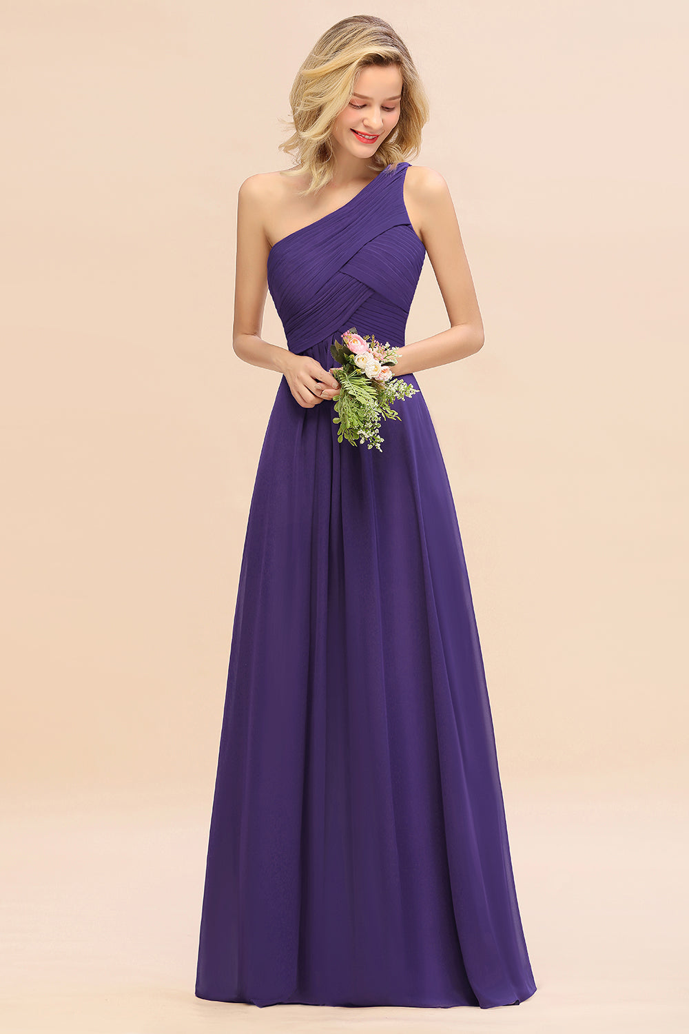 Chic One Shoulder Ruffle Grape Chiffon Bridesmaid Dresses Online-Babyonlines