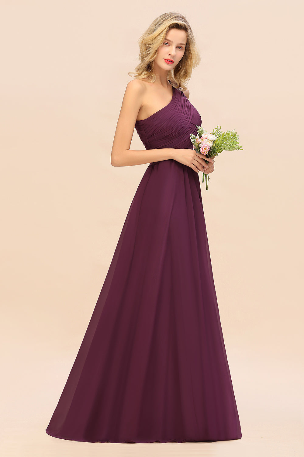 Chic One Shoulder Ruffle Grape Chiffon Bridesmaid Dresses Online-Babyonlines