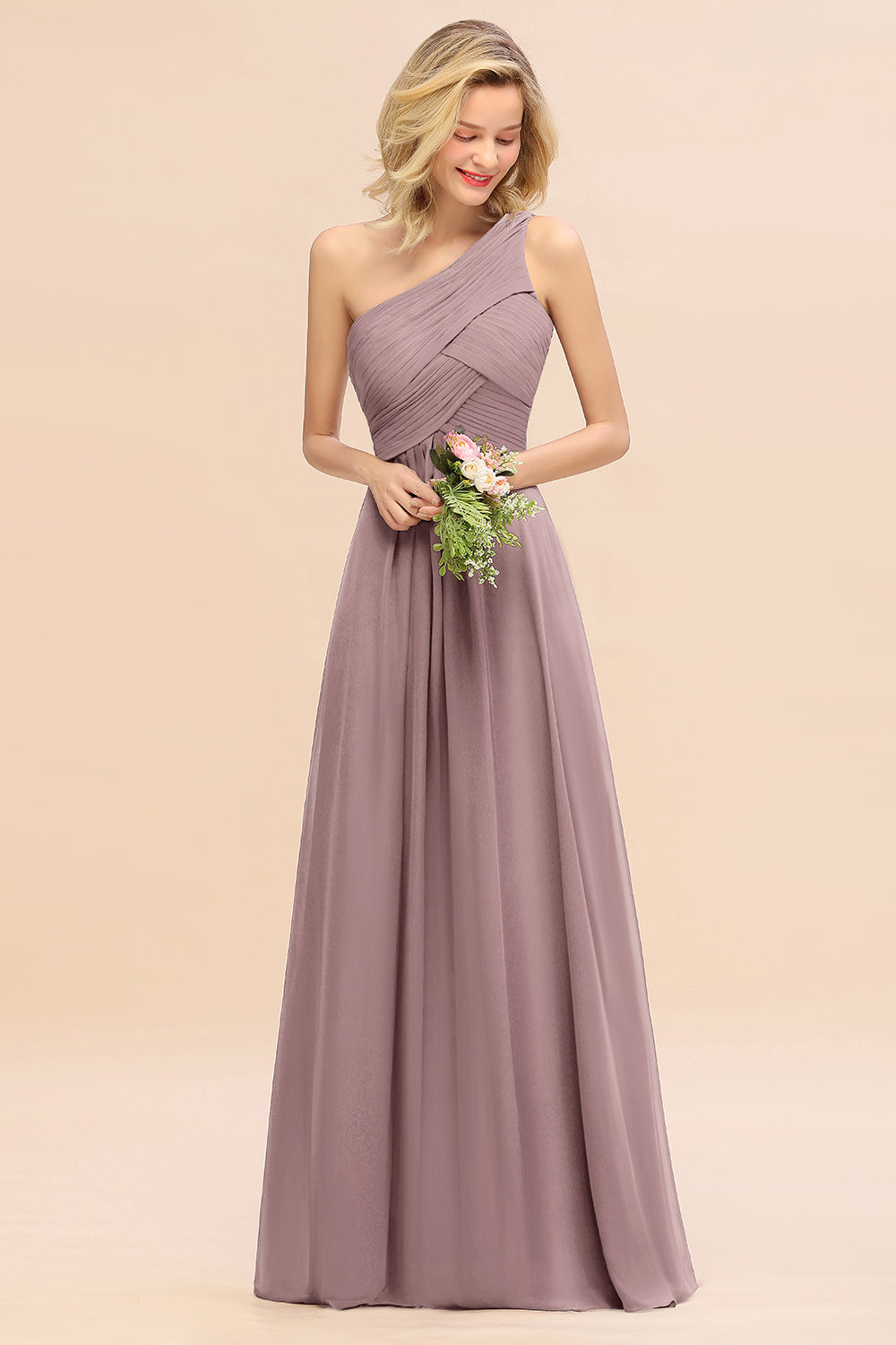 Chic One Shoulder Ruffle Grape Chiffon Bridesmaid Dresses Online-Babyonlines