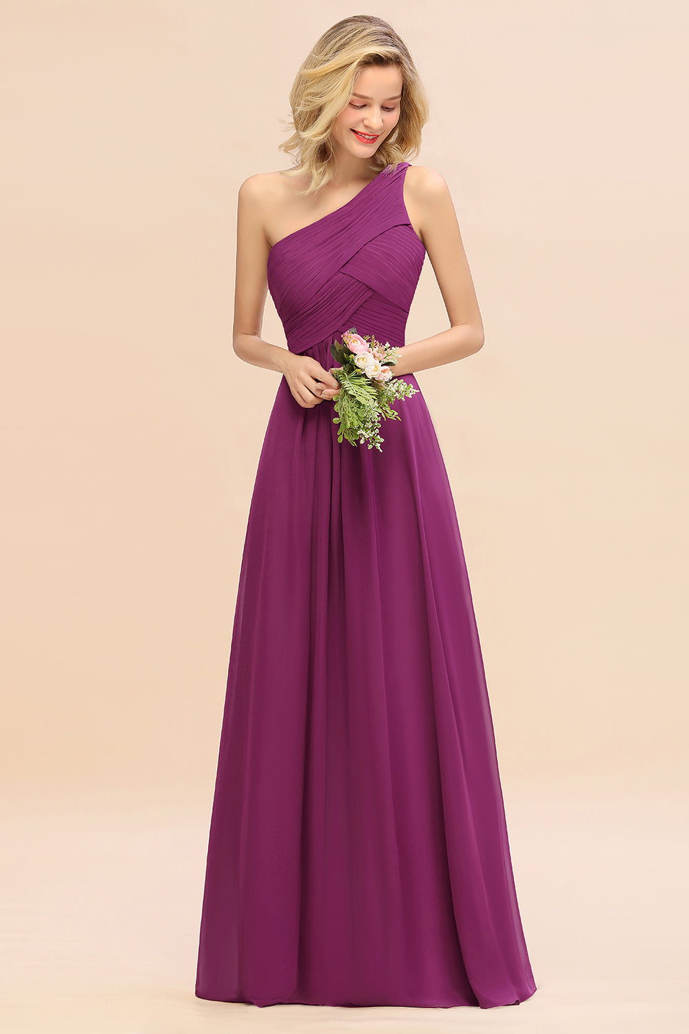 Chic One Shoulder Ruffle Grape Chiffon Bridesmaid Dresses Online-Babyonlines