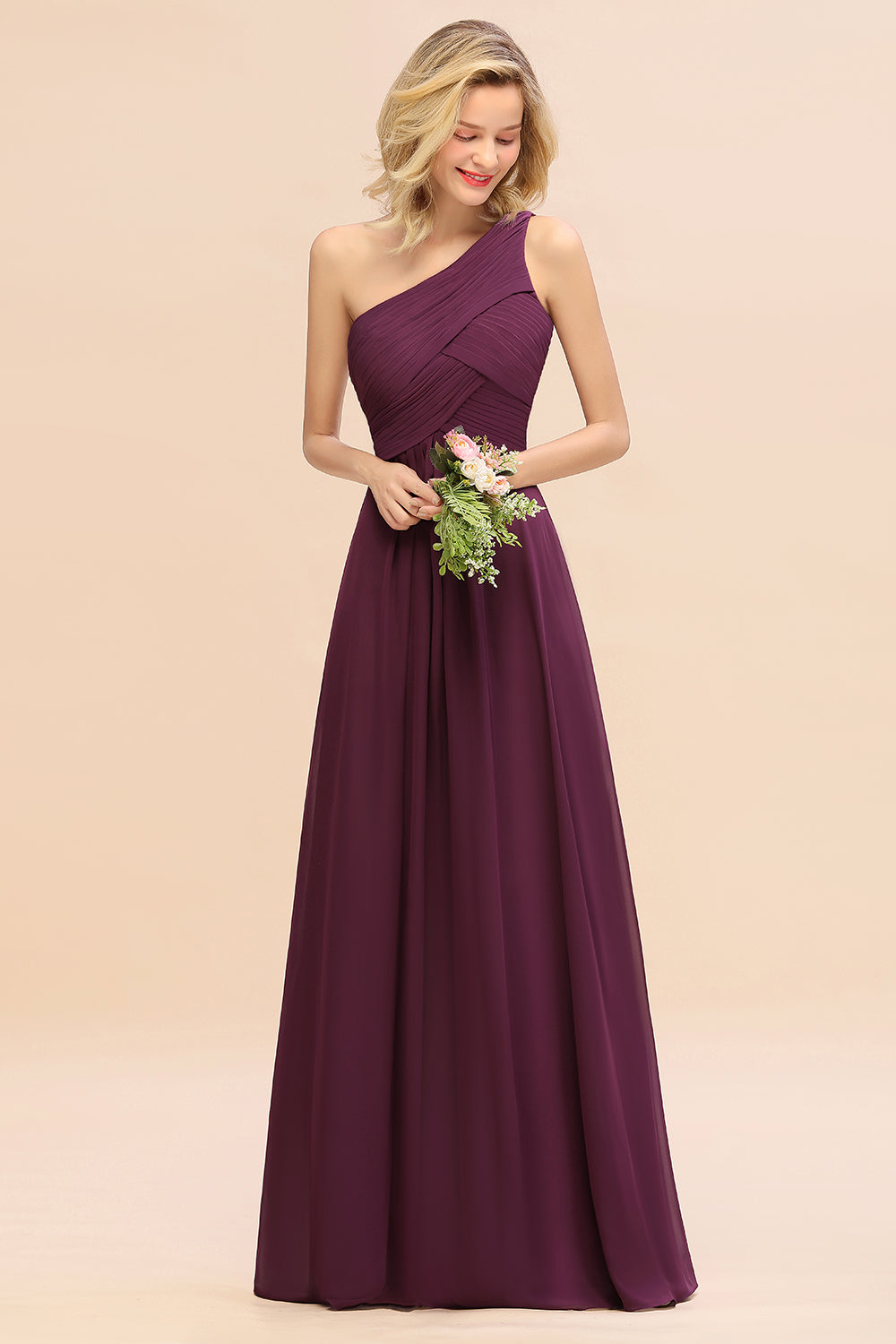 Chic One Shoulder Ruffle Grape Chiffon Bridesmaid Dresses Online-Babyonlines