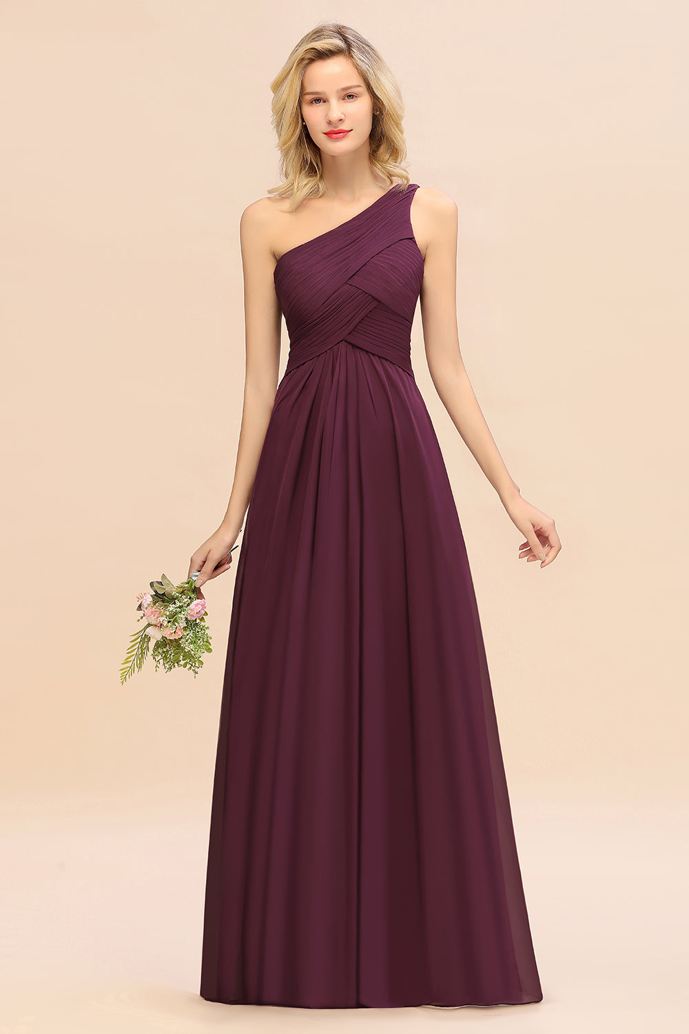 Chic One Shoulder Ruffle Grape Chiffon Bridesmaid Dresses Online-Babyonlines