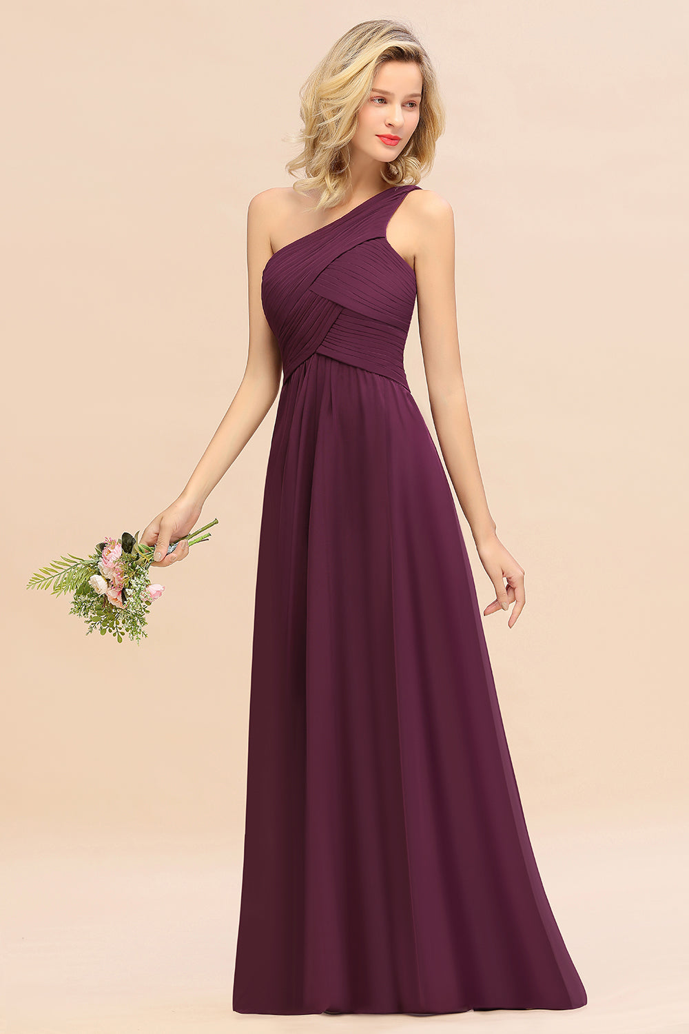 Chic One Shoulder Ruffle Grape Chiffon Bridesmaid Dresses Online-Babyonlines