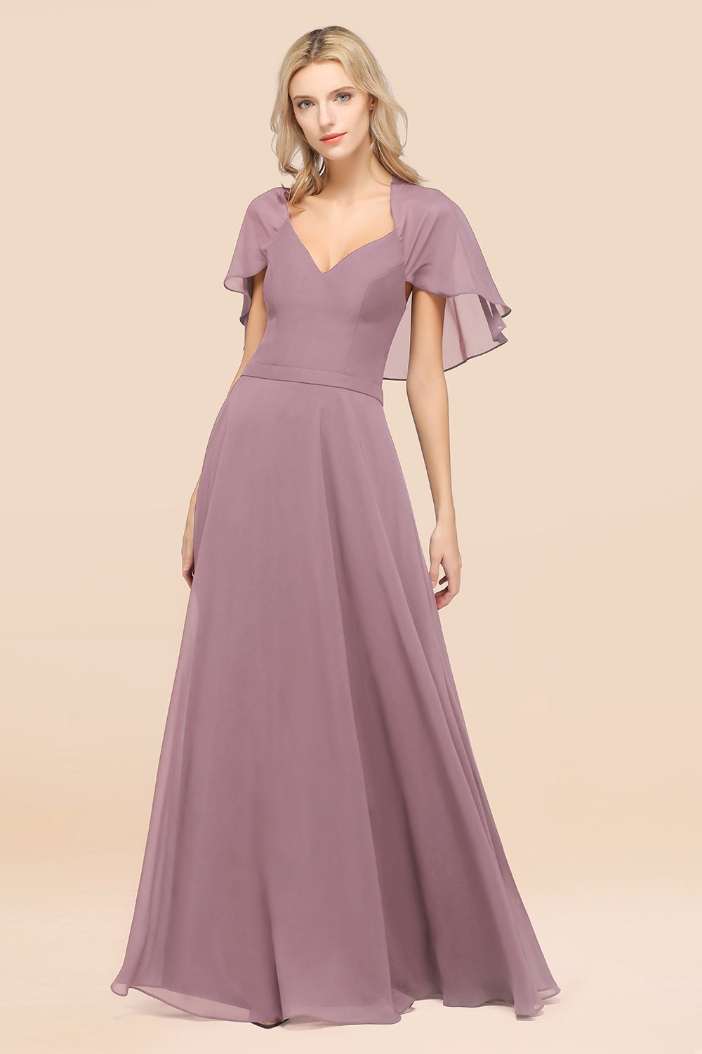 Chic Satin V-Neck Long Burgundy Chiffon Bridesmaid Dress with Flutter Sleeve-Babyonlines