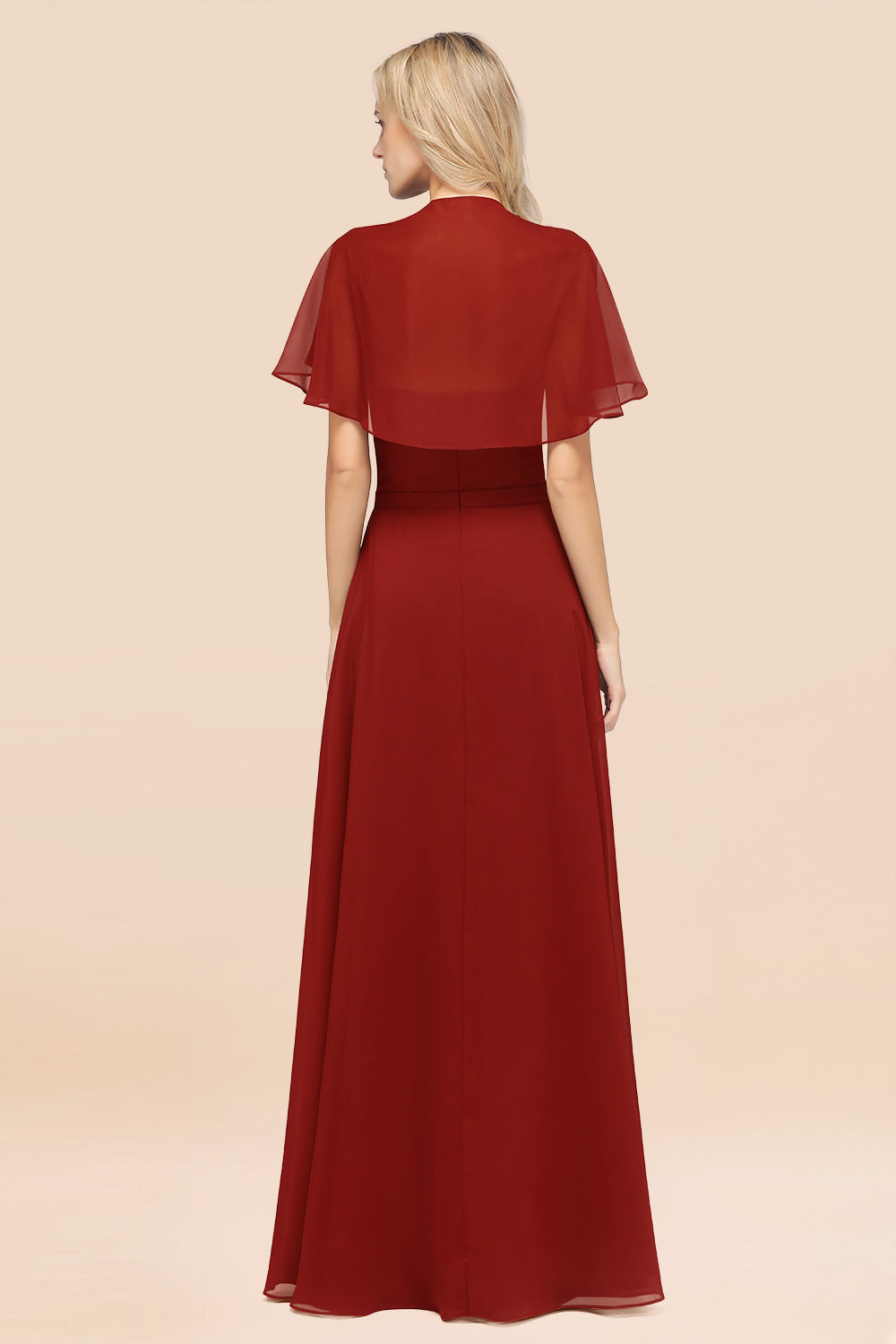 Chic Satin V-Neck Long Burgundy Chiffon Bridesmaid Dress with Flutter Sleeve-Babyonlines