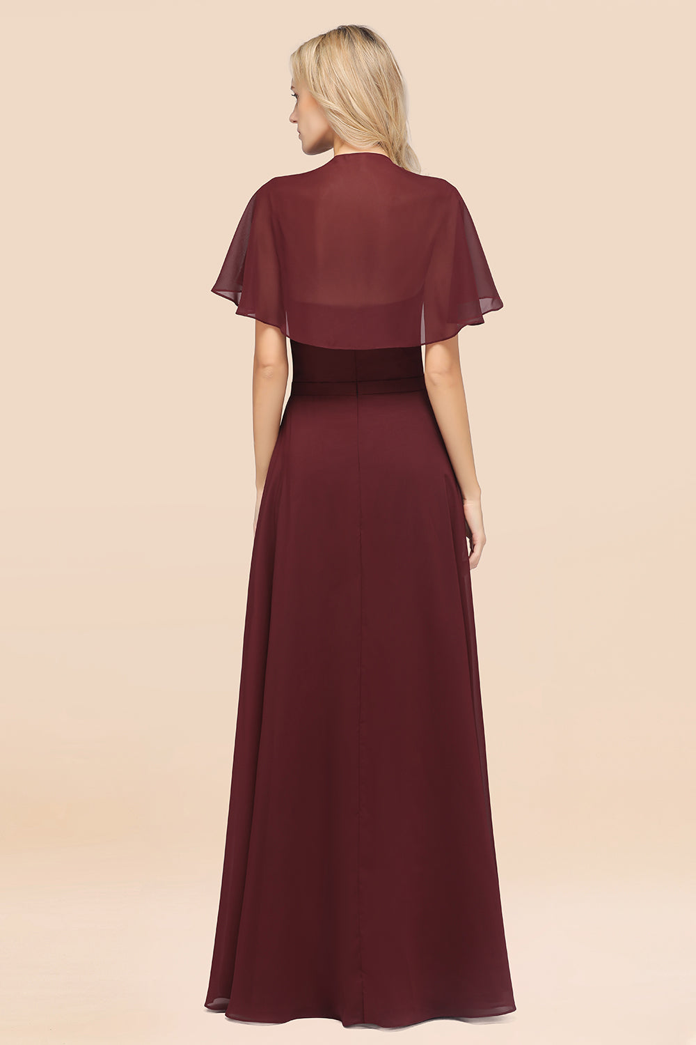 Chic Satin V-Neck Long Burgundy Chiffon Bridesmaid Dress with Flutter Sleeve-Babyonlines