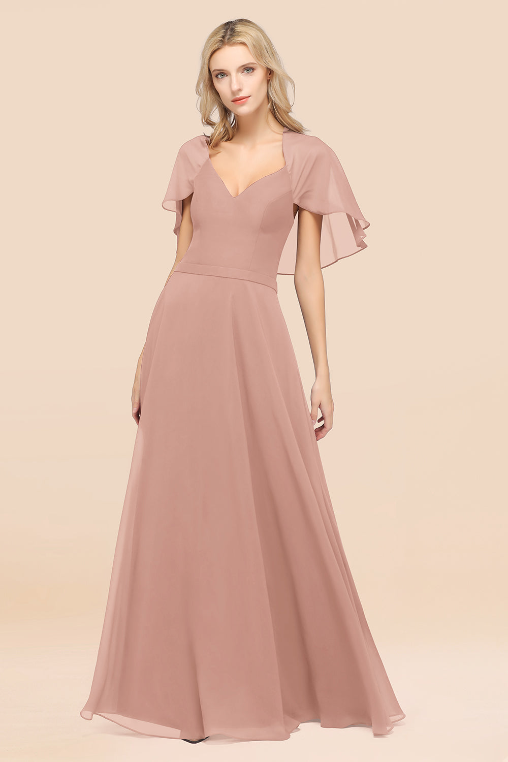 Chic Satin V-Neck Long Burgundy Chiffon Bridesmaid Dress with Flutter Sleeve-Babyonlines