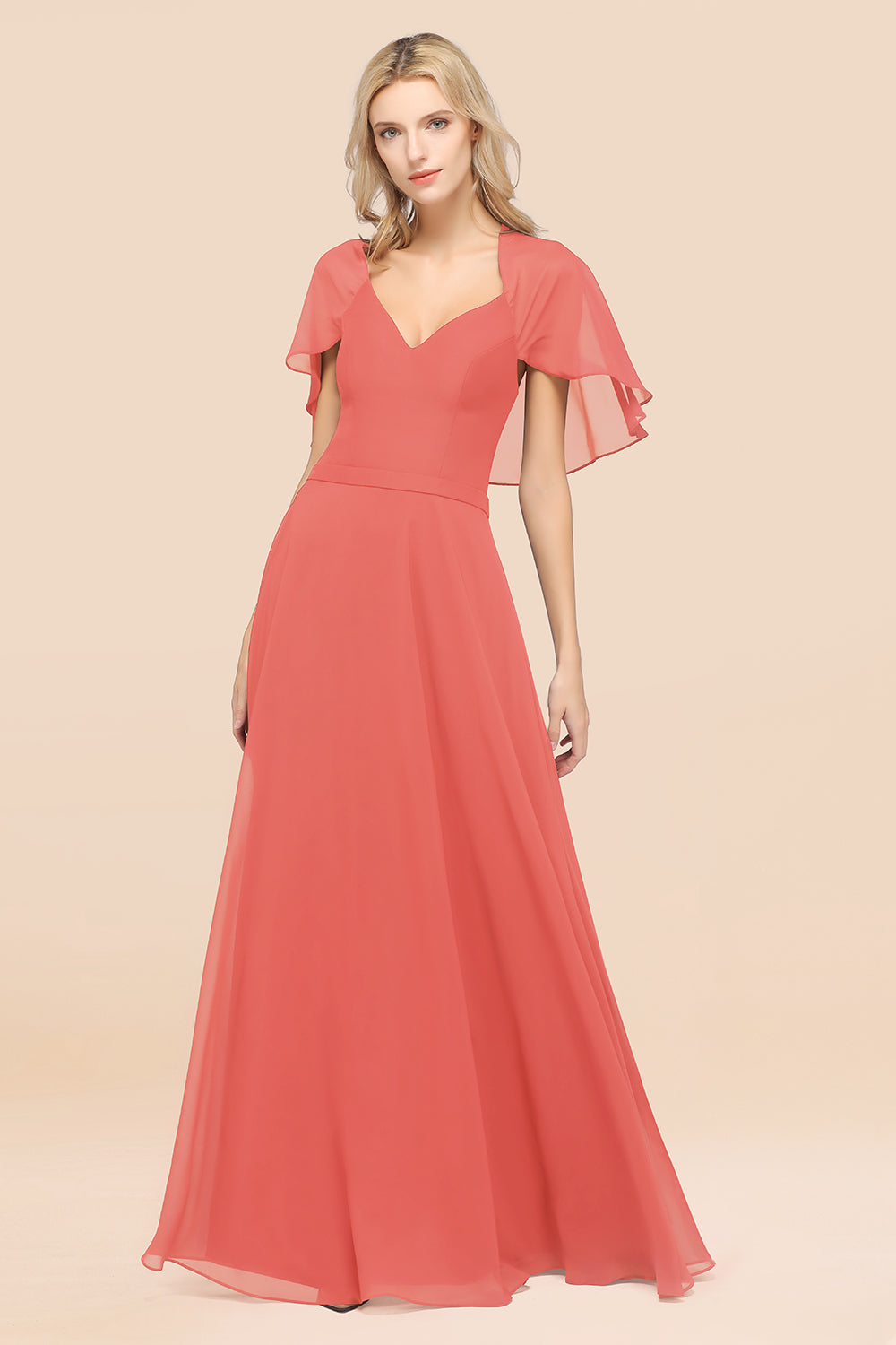 Chic Satin V-Neck Long Burgundy Chiffon Bridesmaid Dress with Flutter Sleeve-Babyonlines