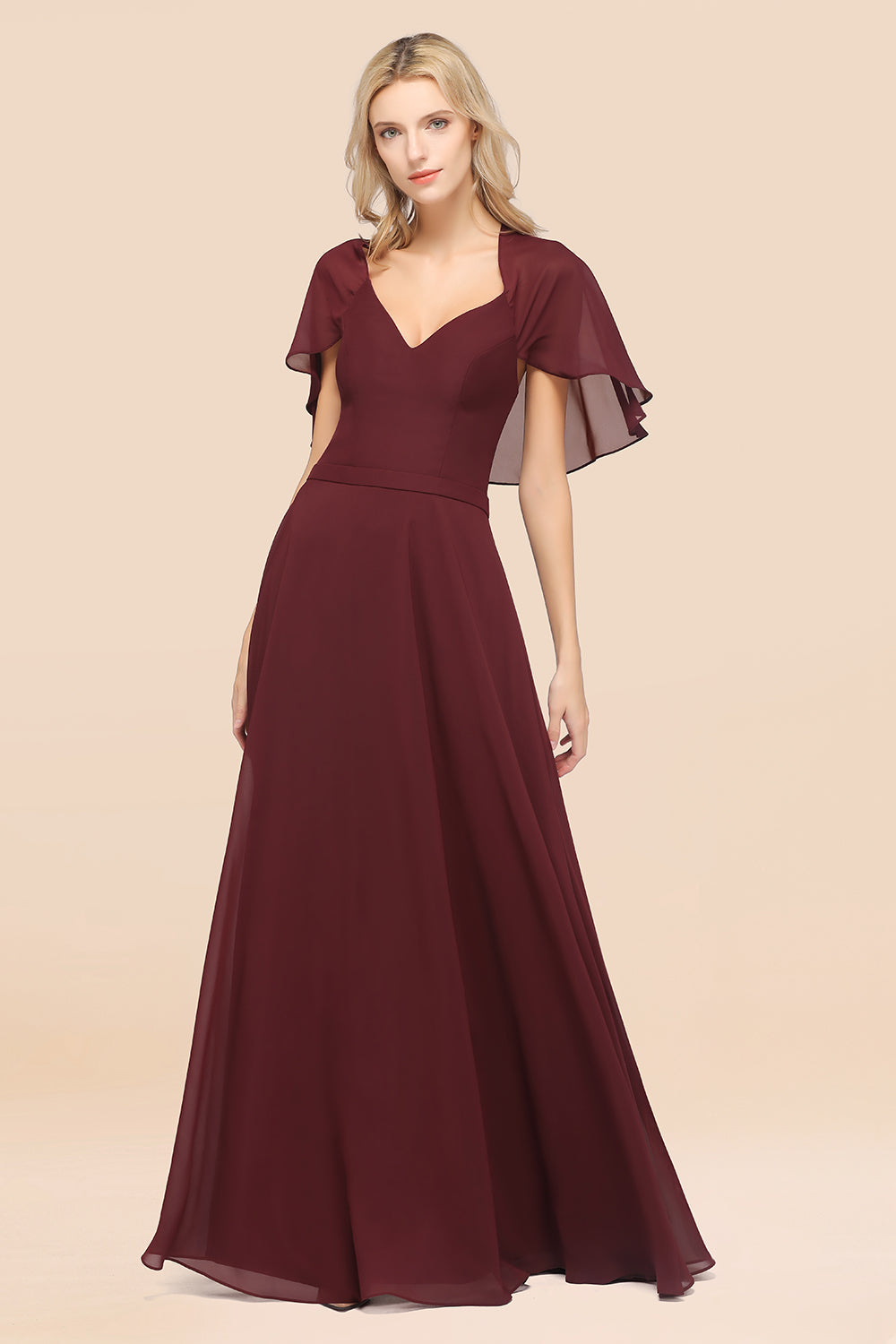 Chic Satin V-Neck Long Burgundy Chiffon Bridesmaid Dress with Flutter Sleeve-Babyonlines