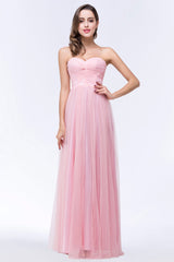 Chic Tulle Ruffle Strapless Sweetheart Floor-Length Bridesmaid Dresses-Babyonlines