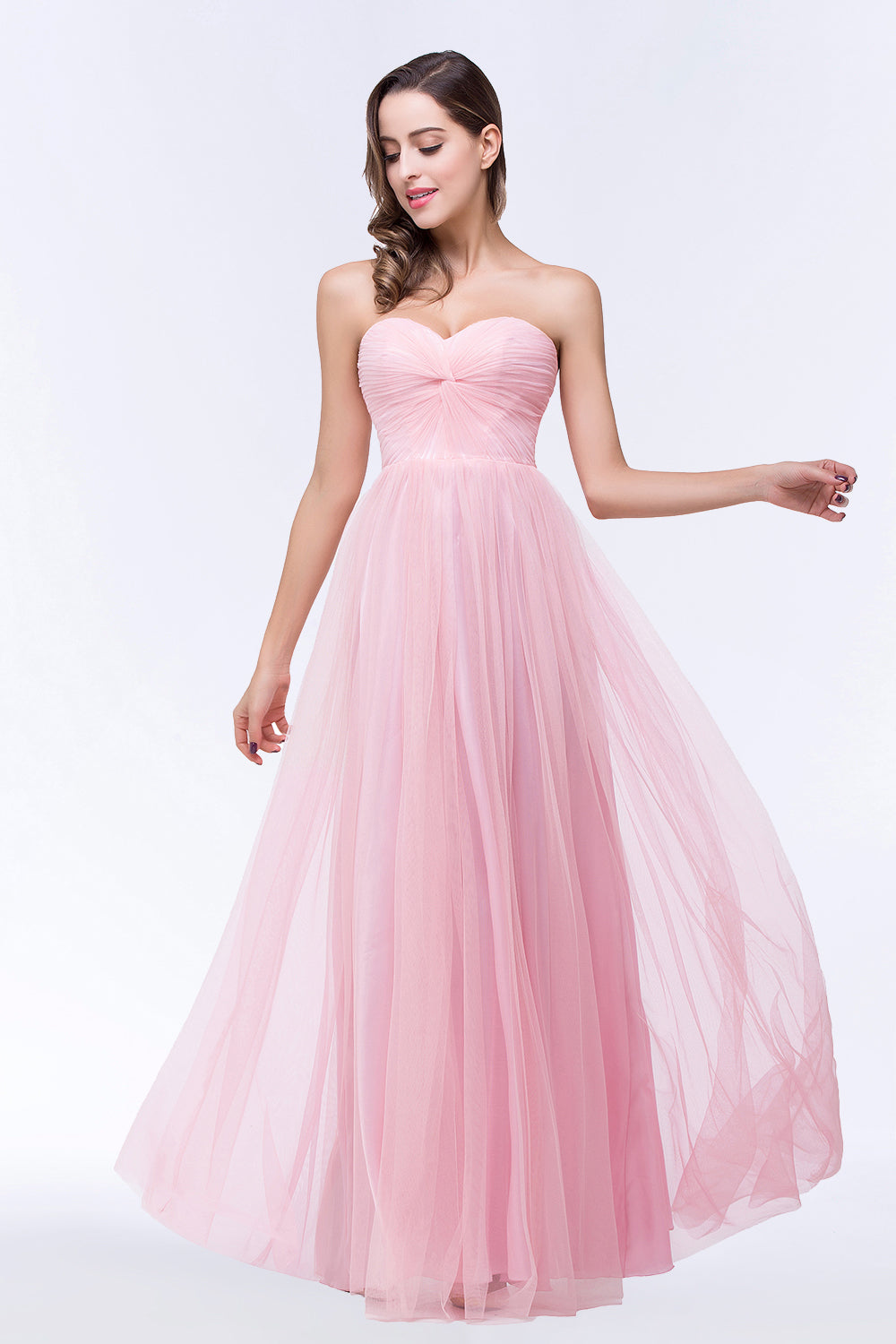 Chic Tulle Ruffle Strapless Sweetheart Floor-Length Bridesmaid Dresses-Babyonlines