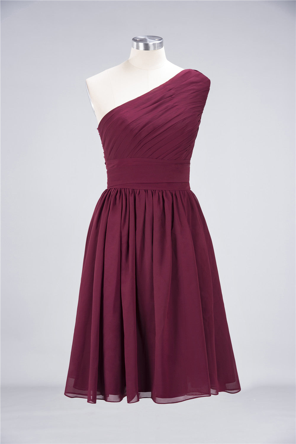 Chiffon One Shoulder Ruffle Short Burgundy Bridesmaid Dresses Online-Babyonlines