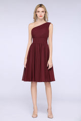 Chiffon One Shoulder Ruffle Short Burgundy Bridesmaid Dresses Online-Babyonlines