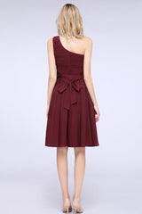 Chiffon One Shoulder Ruffle Short Burgundy Bridesmaid Dresses Online-Babyonlines