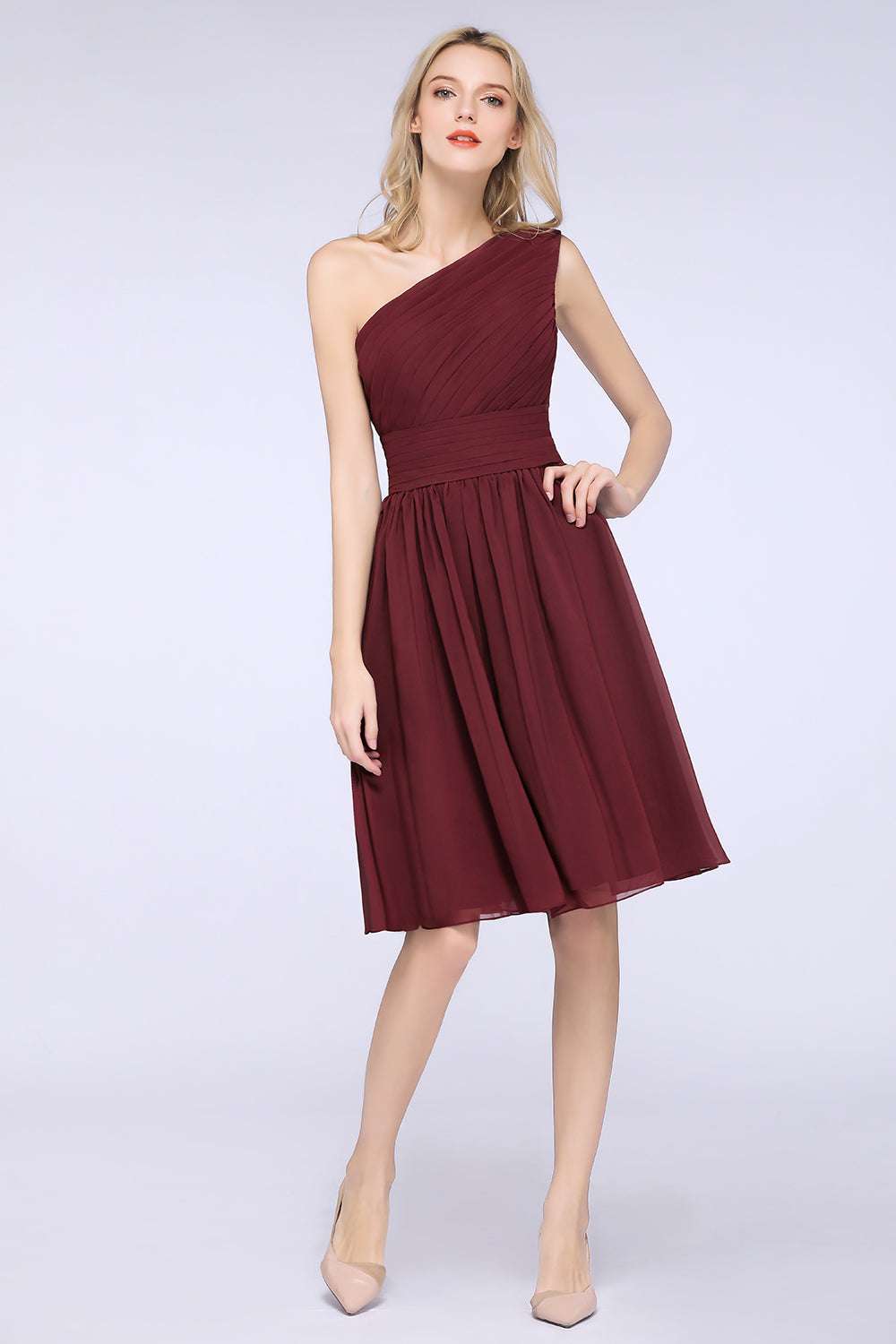 Chiffon One Shoulder Ruffle Short Burgundy Bridesmaid Dresses Online-Babyonlines