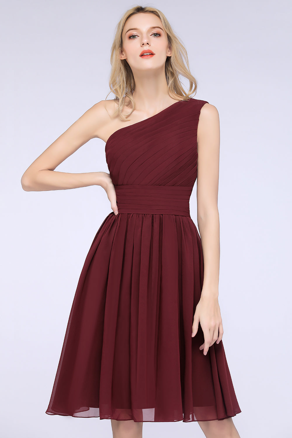 Chiffon One Shoulder Ruffle Short Burgundy Bridesmaid Dresses Online-Babyonlines