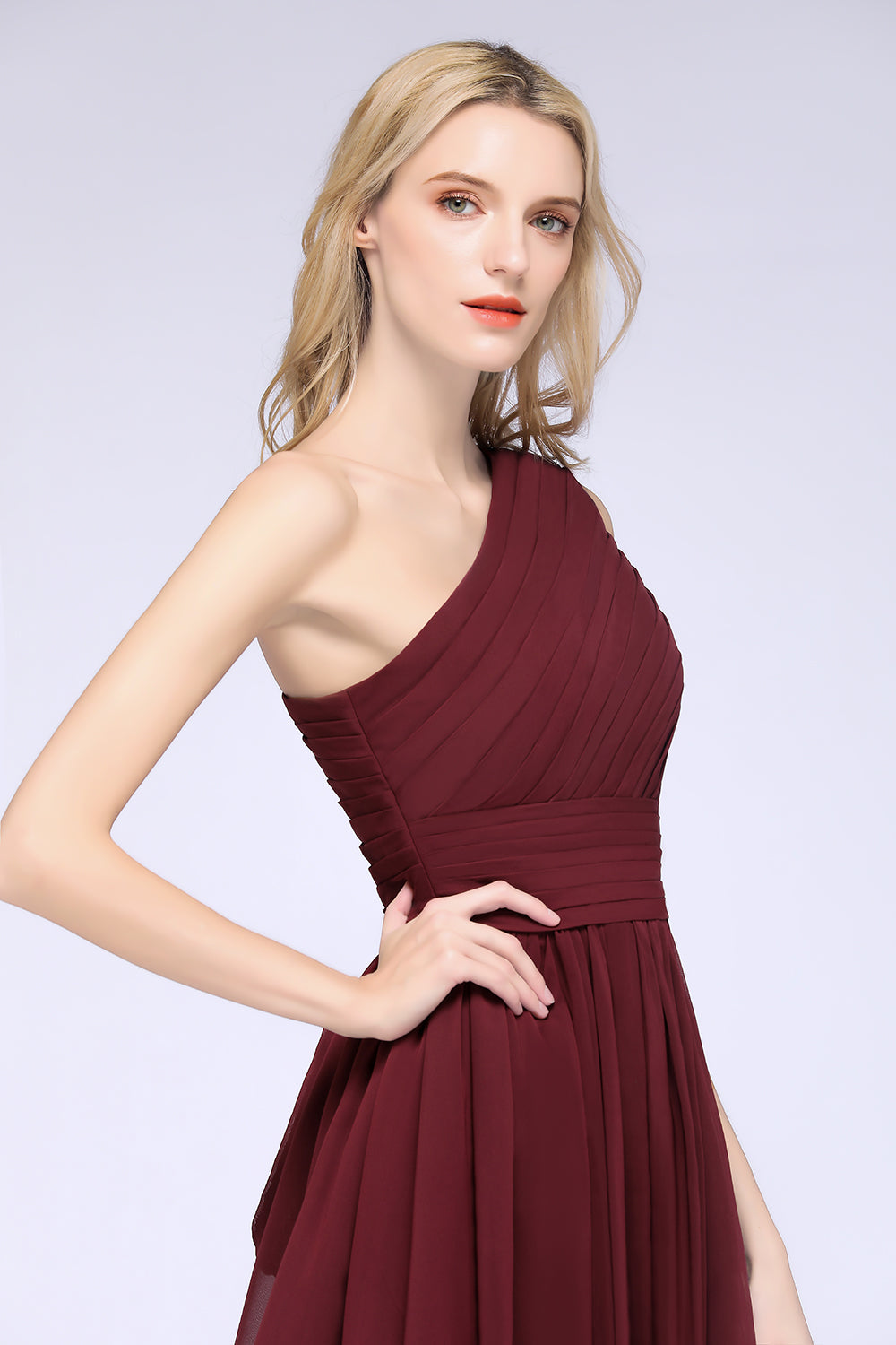 Chiffon One Shoulder Ruffle Short Burgundy Bridesmaid Dresses Online-Babyonlines