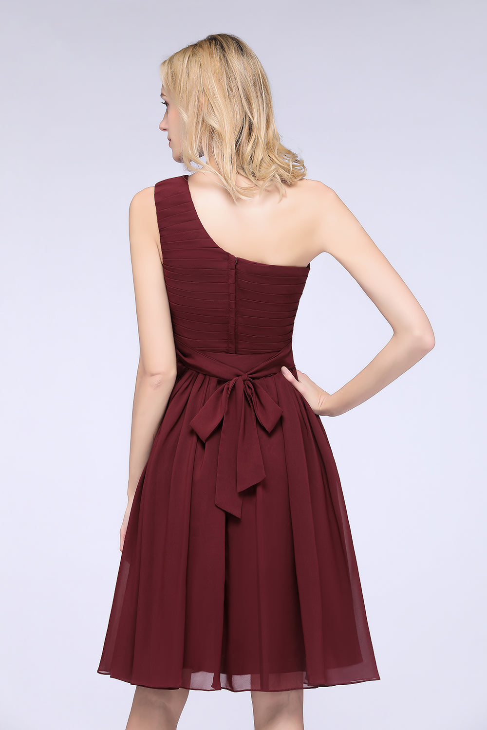 Chiffon One Shoulder Ruffle Short Burgundy Bridesmaid Dresses Online-Babyonlines