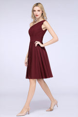 Chiffon One Shoulder Ruffle Short Burgundy Bridesmaid Dresses Online-Babyonlines