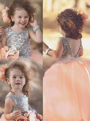 Classy Ball Gown Flower Girl Dresses with Scoop Neck Tulle Sequined Floor-length and Backless Design