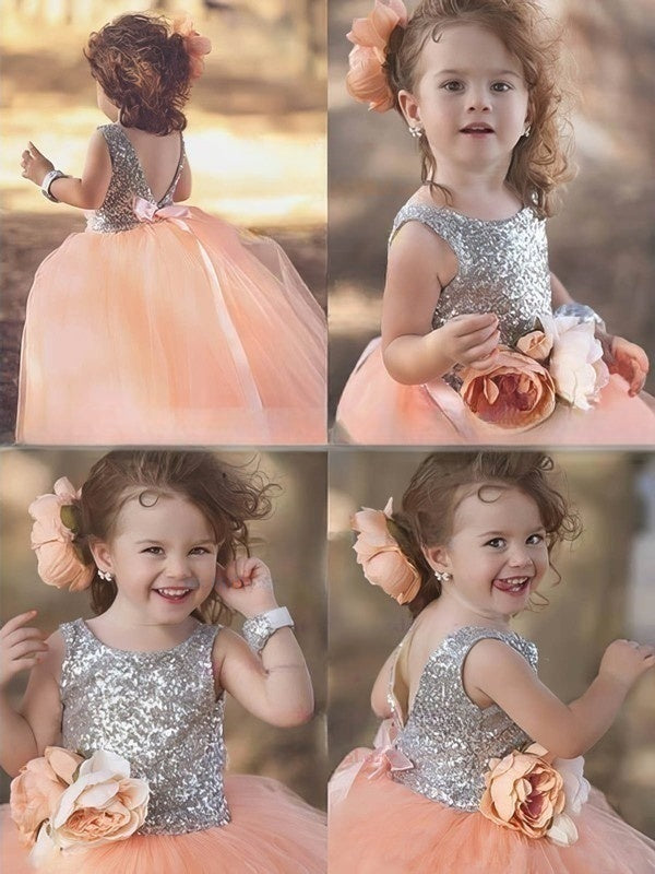 Classy Ball Gown Flower Girl Dresses with Scoop Neck Tulle Sequined Floor-length and Backless Design