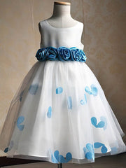 Custom Flower Girl Dresses - Ball Gown Scoop Neck Tulle Floor-length Sashes / Ribbons