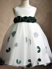 Custom Flower Girl Dresses - Ball Gown Scoop Neck Tulle Floor-length Sashes / Ribbons