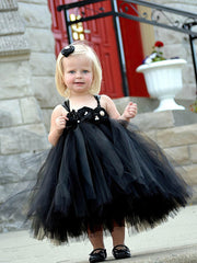 Cute Princess Square Neckline Tulle Flower(s) Black Tea-length Flower Girl Dresses