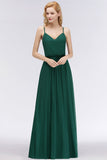 Dark Green Chiffon Spaghetti-Straps Modest Bridesmaid Dress Online-Babyonlines