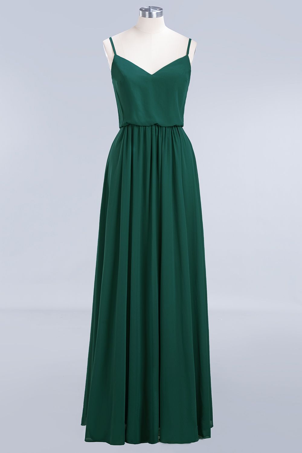 Dark Green Chiffon Spaghetti-Straps Modest Bridesmaid Dress Online-Babyonlines