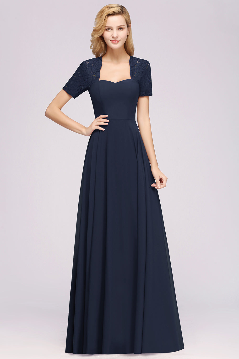 Dark Navy Open-Back Long Bridesmaid Dress With Short Sleeves-Babyonlines