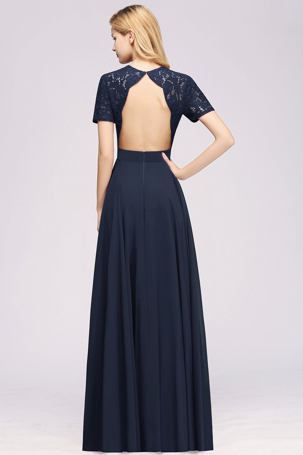 Dark Navy Open-Back Long Bridesmaid Dress With Short Sleeves-Babyonlines