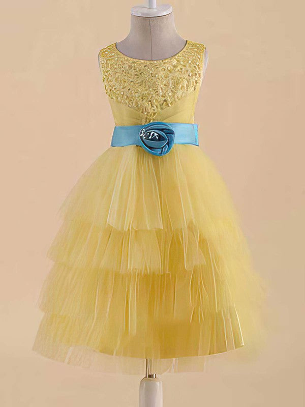 Elegant Ball Gown Scoop Neck Tulle Floor-length Flower Girl Dress