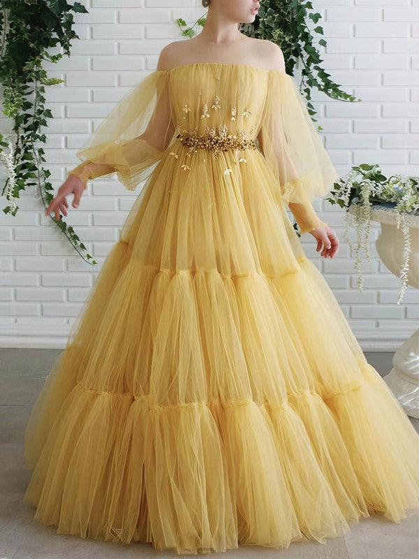 Elegant Beading Prom Dress - Floor-length Illusion Tulle Ball Gown/Princess Long Sleeves